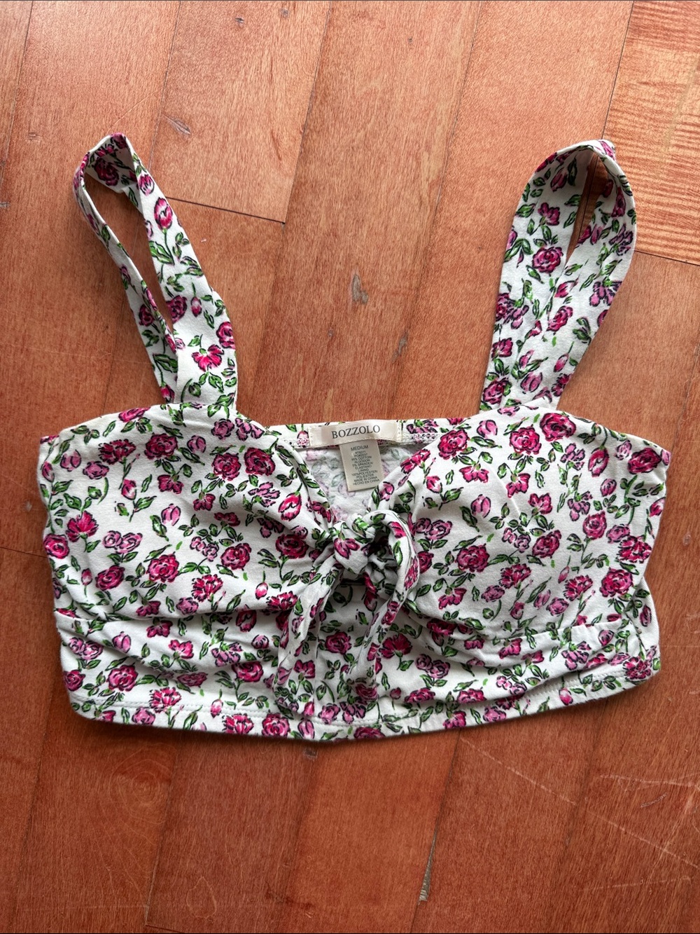 Bozzolo White Crop Top with Pink Rose Print